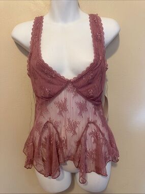Lace-Trim Sheer Babydoll Tank in Dusty Rose